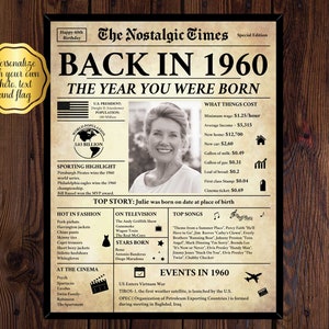 Back in 1960, What Happened in 1960, 1960 Back In The Day, Unique Birthday Gift, Nostalgic Gift, Editable Gift, Newspaper Gift | Edit Online