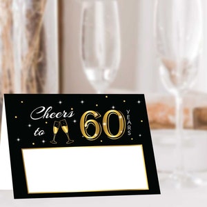 Étiquettes alimentaires 60e anniversaire, marque-place 60e fête, cartes de tente de fête 60e anniversaire, décorations de fête 60e anniversaire | Modifier en ligne avec Corjl