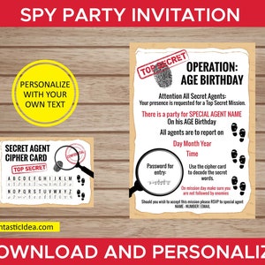 Spy / Secret Agent Birthday Invitation, Spy Party Invitation, Spy Invitation, Spy Invite, Spy Personalized Invitation