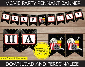 Movie Party Pennant Banner, Movie Party Banner, Movie Themed Party Decoration  | Editable Text - Instant Download PDF Printable