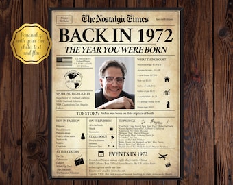 Back in 1972, What Happened in 1972, 1972 Back In The Day, Unique Birthday Gift, Nostalgic Gift, Editable Gift, Newspaper Gift | Edit Online