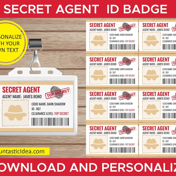 Secret Agent ID Badge - Spy ID Badge, Spy  Birthday Party, Secret Agent Birthday Party | Editable Text - Instant Download PDF Printable