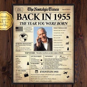 70th Birthday Gift for Men or Women, 70th Birthday Newspaper Poster Sign, 70th Birthday Party Decorations, Back in 1955 | Fully Editable