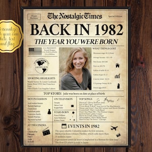 Back in 1982, What Happened in 1982, 1982 Back In The Day, Unique Birthday Gift, Nostalgic Gift, Editable Gift, Newspaper Gift | Edit Online