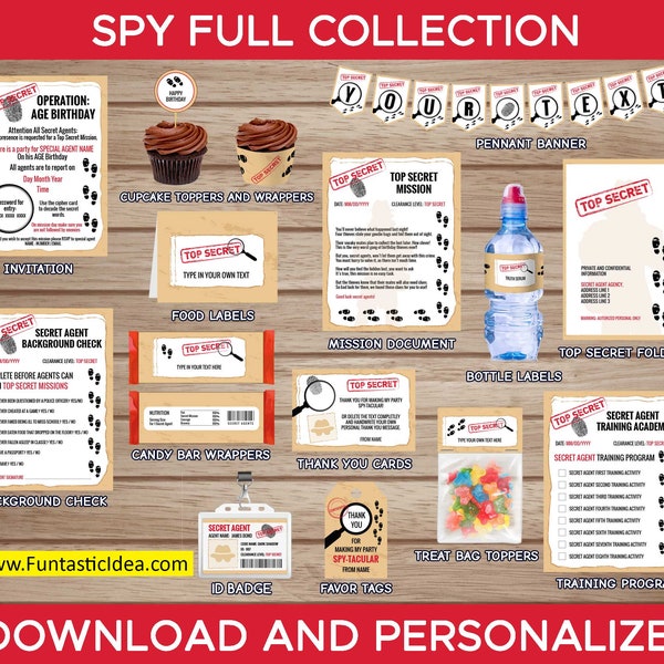 The Ultimate Spy / Secret Agent Birthday Party Kit, Spy Birthday Party Package, Spy Party Invitation, Spy Party Thank You Cards