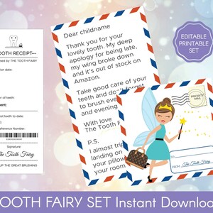 Puede incluir: Conjunto de hada de los dientes imprimible y editable con un recibo de diente, una carta del hada de los dientes y un sobre con una ilustraci&oacute;n de hada de los dientes. El hada de los dientes lleva un vestido azul y sostiene una varita m&aacute;gica. El sobre tiene un sello de correo prioritario.