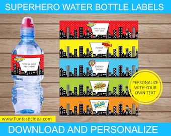 Etiquetas de botellas de superhéroes, etiquetas de botellas de agua de superhéroes, decoraciones de fiestas de superhéroes, cumpleaños de superhéroes / Descarga instantánea PDF imprimible