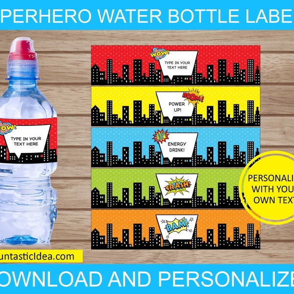 Superhero Bottle Labels, Superhero Water Bottle Labels,  Superhero Party Decorations, Super Hero Birthday | Instant Download PDF Printable