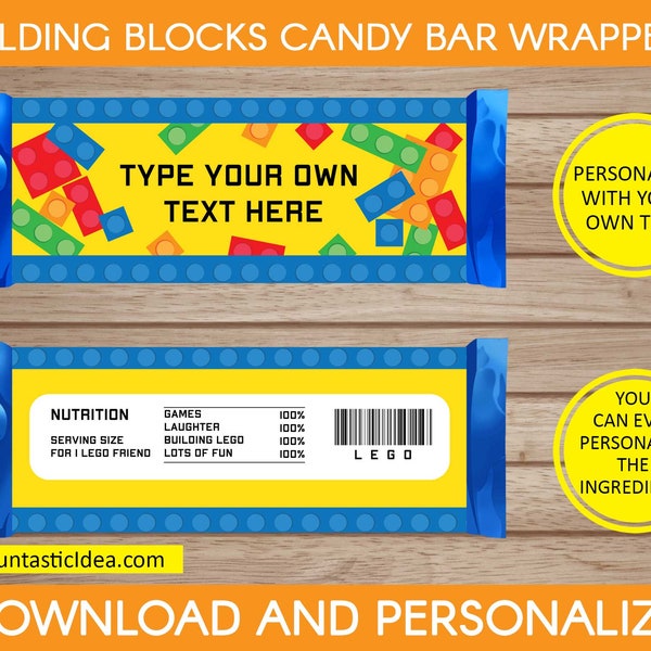 Building Blocks Candy Bar Wrappers, Building Blocks  Favor, Chocolate Labels, Kids Party | Editable Text - Instant Download PDF Printable