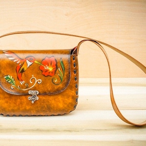 Vintage retro ‘70’s look leather handbag, artistically hand painted handbag, Great Mother’s Day gift, personalized tag