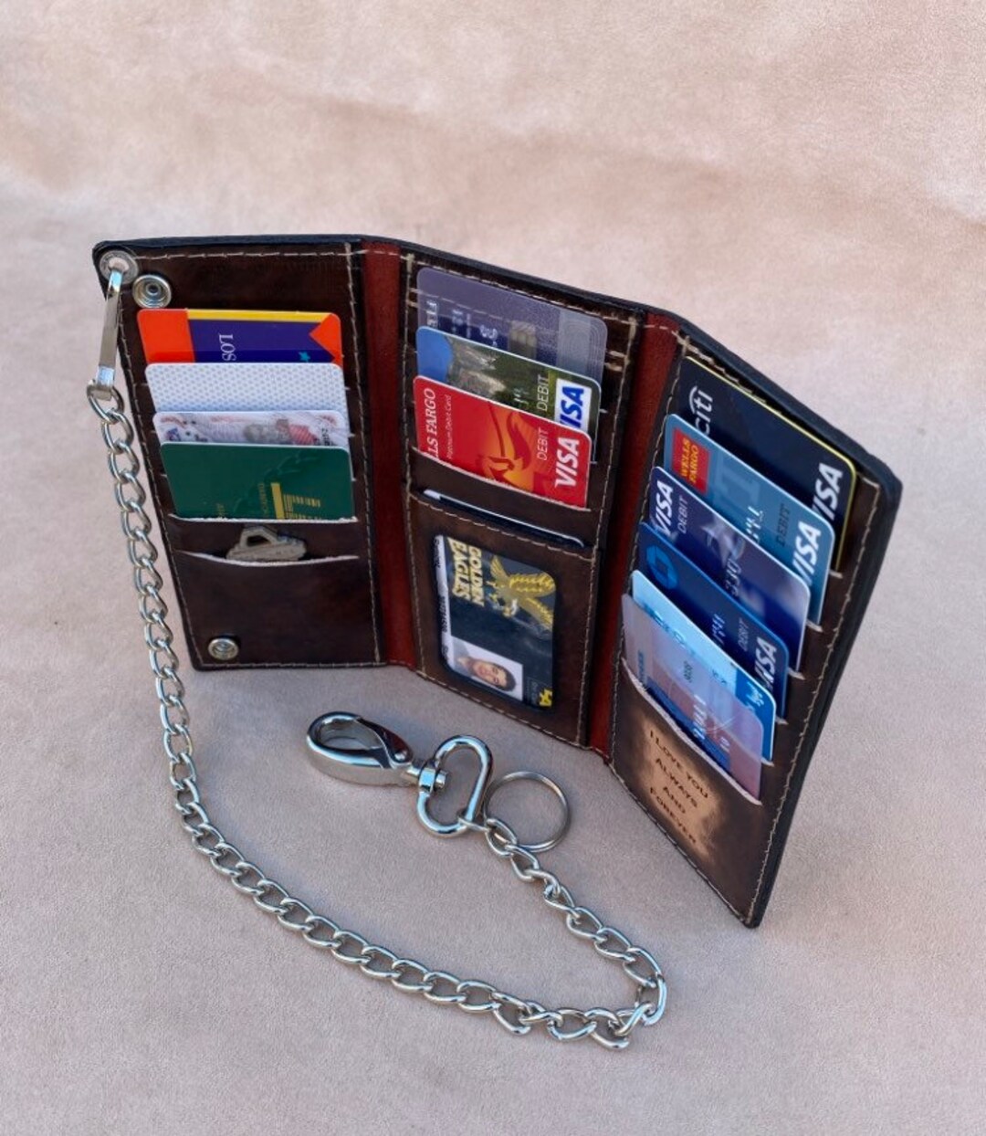 Personalized Full Grain Leather Chain Wallet: Handmade Trifold. - Etsy