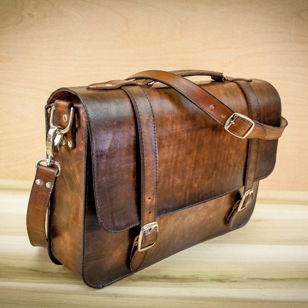 Messenger Bag-leather handmade-fits 15" laptop-Crossbody laptop Slim Briefcase-Full Grain Cowhide leather-great gift to professionals