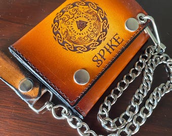 Personalized Viking Leather Wallet: Norse Compass Engraved Chain Wallet.