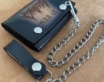 Chain wallet- Leather trifold-PERSONALIZED for free with initials,Names,Graphics or Photos-triple fold wallet-American HANDMADE-Great gift