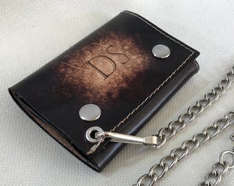 Personalized Leather Chain Wallet, Handmade, Full Grain Trifold