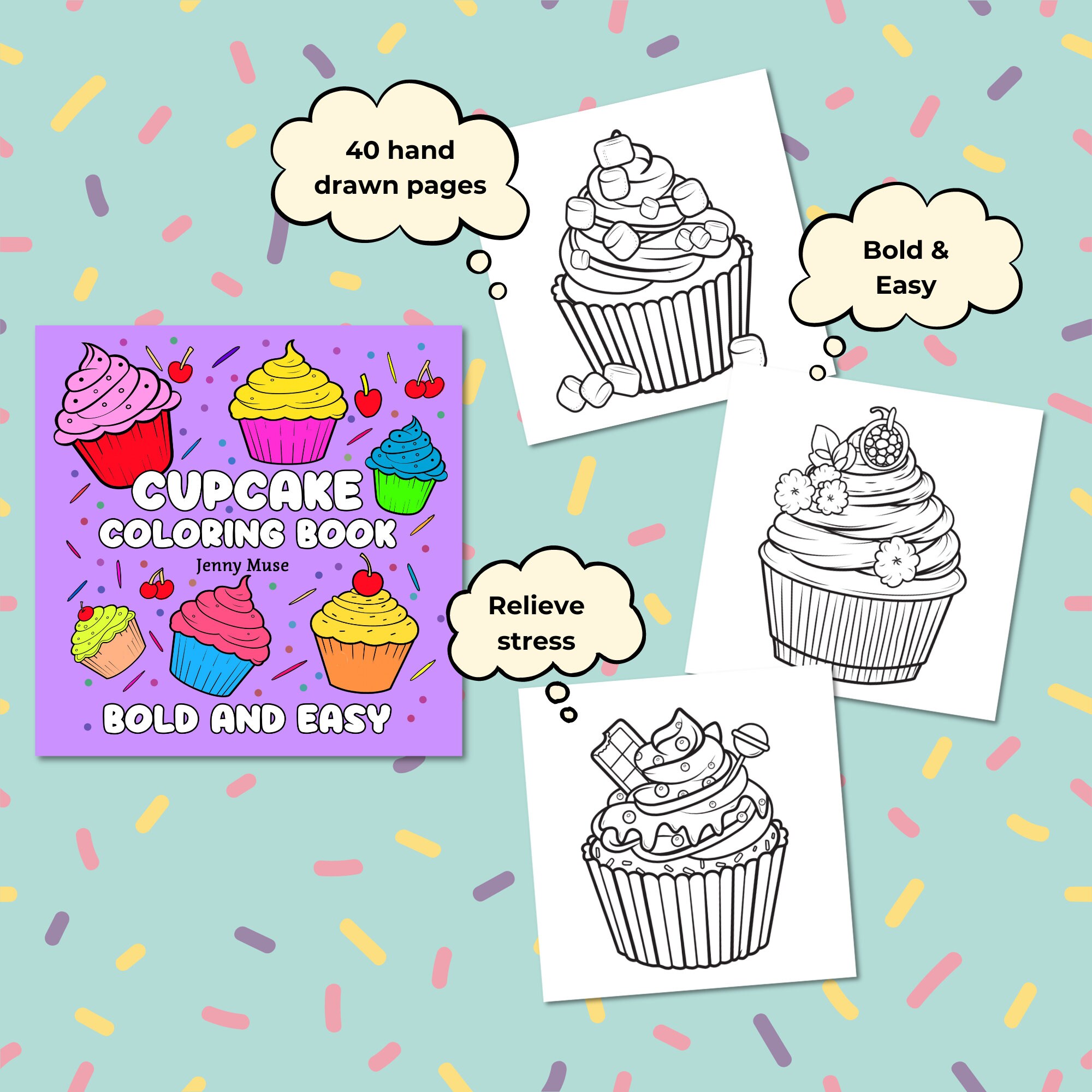 Cupcake Coloring Book, Printable Kids and Adult Coloring Pages, Sweets