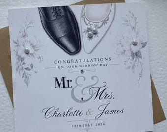 Personalised Wedding Card, Pearl Heart, Congratulations, Kraft Envelope