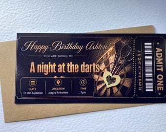 Personalised Darts Ticket, Premier League Surprise Reveal, Quality Card Stock Gift