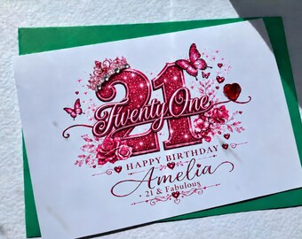 Personalised 21st Birthday Card, Glitter Embellished Keepsake for Daughter, Granddaughter, Niece