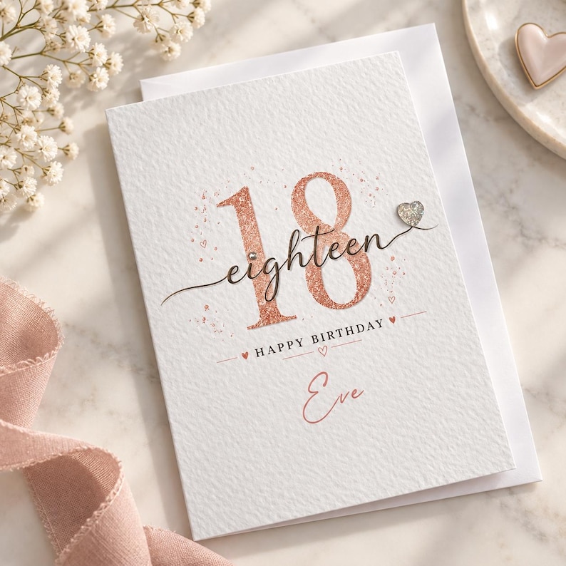 May include: A white textured greeting card featuring the number 18 in rose gold glitter, the word eighteen in black script, and the text Happy Birthday Eve. The design includes small heart accents, a silver heart embellishment, and a small crystal.