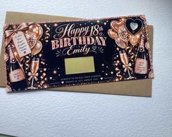 Personalised  Birthday Scratch Reveal Ticket, Gold Voucher Card