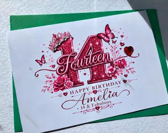 Personalised 14th Birthday Card, Fourteen Keepsake for Daughter, Granddaughter, Niece