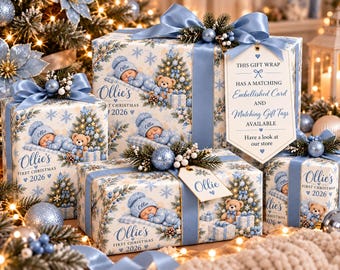 Personalised Baby Boy First Christmas Wrapping Paper 2026, Blue Gift Wrap with Name