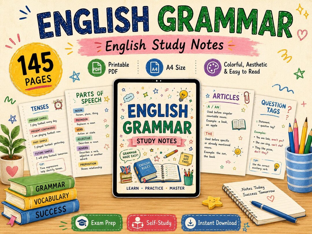 English Grammar Study Notes PDF | Tenses, Verbs, Parts of Speech ...