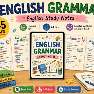 Może przedstawiać: Przewodnik do nauki gramatyki języka angielskiego z tabletem wyświetlającym "English Grammar Study Notes". Obraz zawiera kolorowe notatki do nauki, książki, ołówki i tekst "145 stron". Przewodnik jest przeznaczony do przygotowania do egzaminu i samodzielnej nauki.