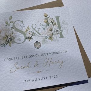 Personalised Floral Wedding Initial Card, Luxury Cardstock, Custom Message Envelope