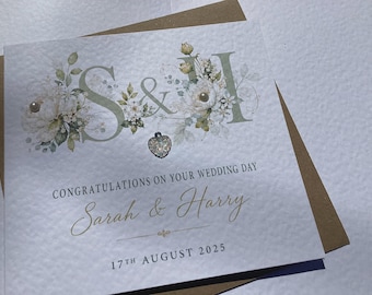 Personalised Floral Wedding Initial Card, Luxury Cardstock, Custom Message Envelope