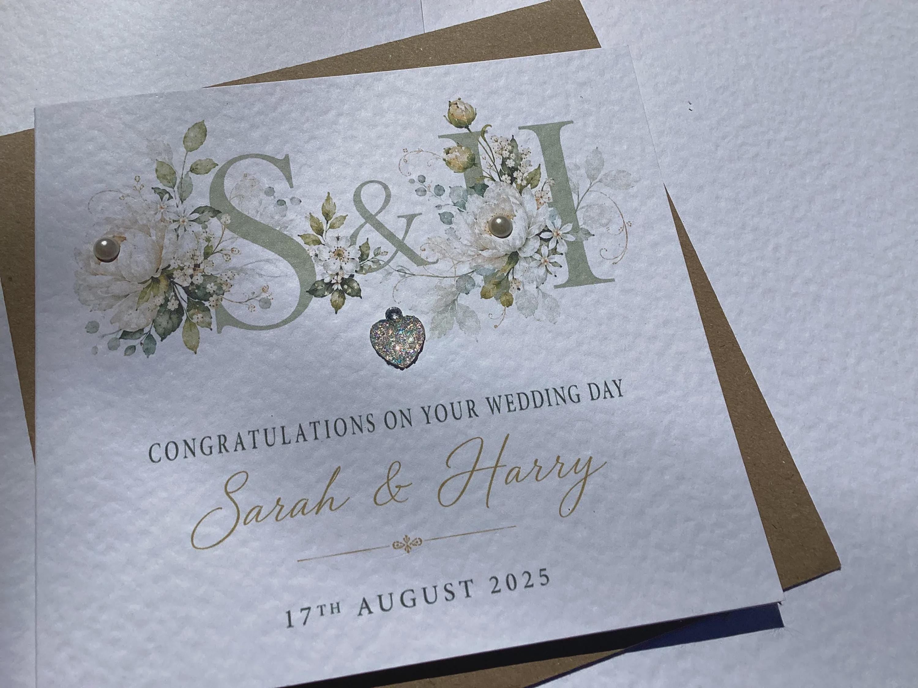 Personalised Floral Wedding Initial Card, Luxury Cardstock, Custom Message Envelope