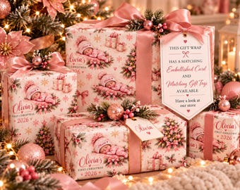 Personalised Baby's First Christmas Wrapping Paper 2026, Custom Name Pink Gift Wrap