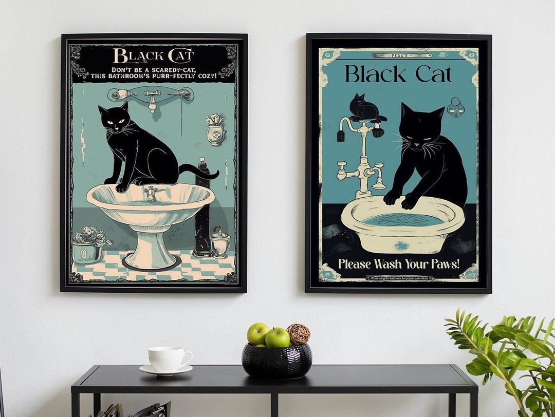 Black Cat Bathroom Prints, Vintage Wall Art, Set of 2 Toilet Restroom ...