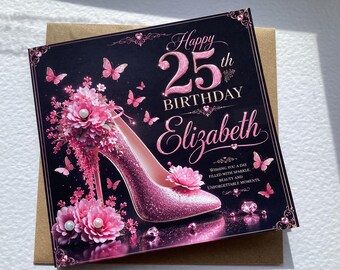 Personalised 25th Birthday Card, Elegant Glitter High Heel Design, Daughter Granddaughter Niece Sister Friend