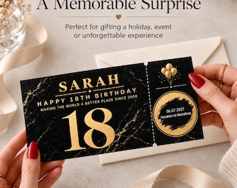 Personalised 18th Birthday Scratch Reveal Ticket, Gold and Black Voucher Card