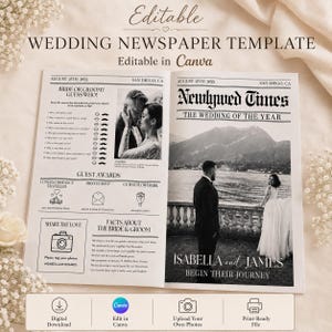 Peut inclure: Un modèle de journal de mariage avec le titre "Newlywed Times" et le texte "The Wedding of the Year". Le modèle comprend des sections pour les prix des invités, des faits sur les mariés et une section de partage de photos. Le modèle est modifiable dans Canva.