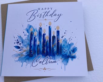Personalised Birthday Card, Blue Watercolour Candles, Teen Boy Greeting Card