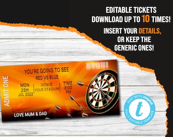 Personalised DIGITAL Event Darts Sport Ticket | Surprise Ticket Invitation | Templett Editable Printable Template