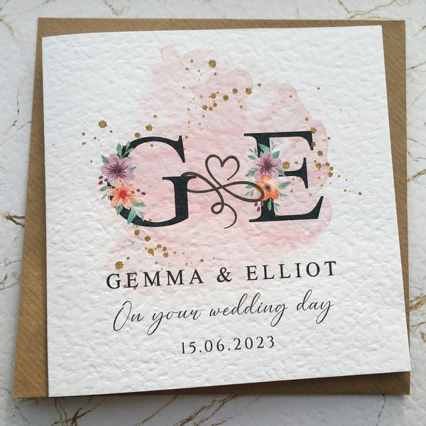 Tarjeta de boda personalizada con inicial, tarjeta floral con inicial