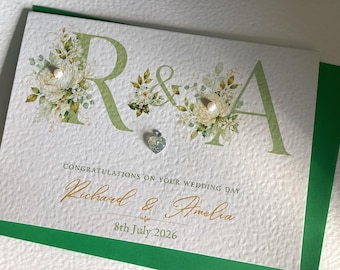 Personalised Floral Wedding Initial Card, Luxury Cardstock, Custom Message Envelope