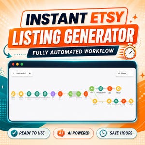 May include: An advertisement for an Etsy listing generator. The image features the text "INSTANT ETSY LISTING GENERATOR" in a bold, orange and white design. Below, the text "FULLY AUTOMATED WORKFLOW" is displayed. The image also includes a workflow diagram and icons.