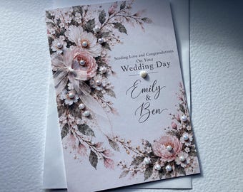 Personalised Floral Wedding Initial Card, Luxury Cardstock, Custom Message Envelope