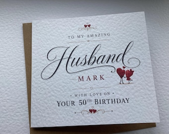Personalized Husband 50th Birthday Card, Luxury Cardstock, Mark Name (14cm)