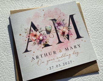 Personalised Floral Wedding Initial Card, Luxury Cardstock, Custom Message Envelope