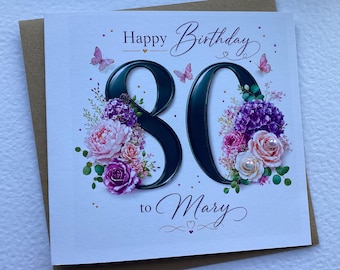 Personalised 80th Birthday Card, Floral Eightieth Greeting for Her, Grandma, Nanny