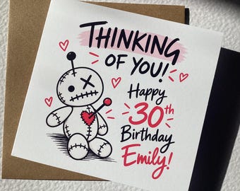 Funny 30th Birthday Card: Personalized Voodoo Doll Design (14cm x 14cm)