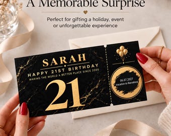 Personalised 21st Birthday Scratch Reveal Ticket, Gold and Black Voucher Card