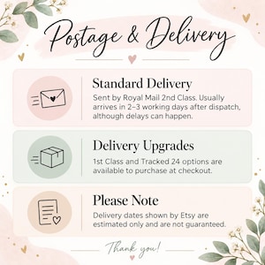 May include: An informational graphic titled Postage & Delivery with a soft floral border. It features three sections with icons: Standard Delivery, Delivery Upgrades, and Please Note, detailing shipping methods, tracking options, and delivery estimates.