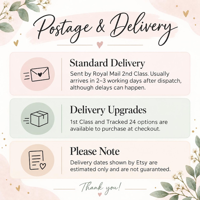 May include: An informational graphic titled Postage & Delivery with a soft floral border. It features three sections with icons: Standard Delivery, Delivery Upgrades, and Please Note, detailing shipping methods, tracking options, and delivery estimates.